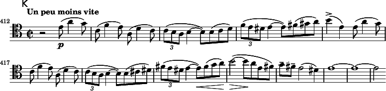 
\relative c' \new Staff {
  \key a \minor \clef tenor
  \set Staff.midiInstrument = "cello"
  \set Score.tempoHideNote = ##t \tempo "Un peu moins vite" 2 = 50
  \mark \markup \sans K % H = 372
  \time 2/2
  \set Score.currentBarNumber = #412 \bar ""

  r2 e8\p( a4 g8) | c,( f4 e8) a,( d4 c8) | \times 2/3 { c( b a } b4 ~ b8) b( c d) | \times 2/3 { f( e dis } e4 ~ e8) fis( gis a) | b4(-> e,)
  e8( a4 g8) | c,( f4 e8) a,( d4 c8) | \times 2/3 { c( b a } b4 ~ b8) b( cis dis) | \times 2/3 { fis( e dis } e4 ~ e8)\< fis( g a) |
  b2(\> ~ b8\! a e fis) | g-- fis-- e2( dis4) | e1 ~ | e ~ | e2
}

