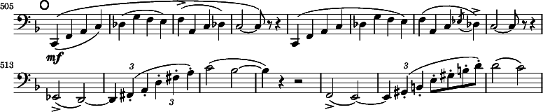 
\relative c, \new Staff \with { \remove "Time_signature_engraver" } {
  \key f \major \clef bass
  \set Staff.midiInstrument = "cello"
  \set Score.tempoHideNote = ##t \tempo 2 = 64
  \mark \markup \sans O
  \time 2/2
  \set Score.currentBarNumber = #505 \bar ""

  c4\((\mf f a c) | des( g f e) | f->( a, c des) | c2 ~ c8\) r r4 |
  c,( f a c | des g f e) | f( a, c \acciaccatura { es8 } des4->) | c2 ~ c8\) r r4 | \break
  \set tupletSpannerDuration = #(ly:make-moment 1 2)
  \override TupletBracket #'stencil = ##f
  es,2(-> d) ~ | \times 2/3 { d4 fis(-. a-. d-. fis-. a-.) } | c2( bes ~ | bes4) r r2 |
  f,2(-> e) ~ | \times 2/3 { e4 gis-.( b-. } e8-. gis-. b-. d-.) | d2( c) |
}
