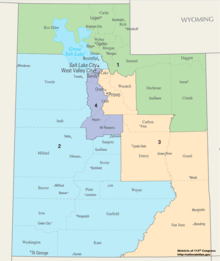 Map of the State of Utah showing the eastern half and southern 10% belonging in Democratic district #2. The rest is in Republican district's #1 and #3.