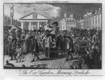 Covent Garden in 1747, on a satirical print The Covt. Garden morning frolick. Gaillardise du Commun Jardin by Louis Peter Boitard.