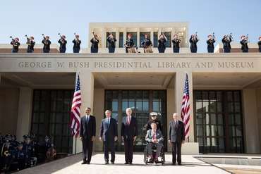 President Barack Obama pauses with former Presidents George W. Bush, Bill Clinton, George H.W. Bush, and Jimmy Carter during the dedication of the George W. Bush Presidential Center at the George W. Bush Presidential Library and Museum on the campus of Southern Methodist University in Dallas, Texas, April 25, 2013. (Official White House Photo by Pete Souza)