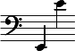 { \new Staff \with { \remove "Time_signature_engraver" } \clef bass e,4 e'4 }