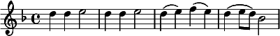 {\set Staff.midiInstrument = #"orchestral harp" \key f \major d''4 d''4 e''2 d''4 d''4 e''2 d''4 (e'') f'' (e'') d'' (e''8 d'') bes'2}