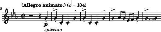 
\relative c'' \new Staff {
  \key c \minor \time 2/2 \clef treble
  \set Staff.midiInstrument = "violin"
  \tempo "(Allegro animato.)" 2 = 104
  \set Score.currentBarNumber = #2 \bar ""

  r2 r4 g-.\p_\markup { \italic "spiccato" } | g-.^> c,-. c-. g'^. | g-.^> c,-. c-. g'^. |
  g^> as8 g es f g4-. | g2^> ~ g4
}

