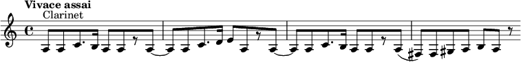  
    \relative c'{  \set Staff.midiInstrument = #"clarinet"  \tempo "Vivace assai"  \clef treble a8[^"Clarinet" a8 c8. b16] a8[ a8 r8 a8]~ a8[ a8 c8. d16] e8[ a,8 r8 a8]~ a8[ a8 c8. b16] a8[ a8 r8 a8]( fis8[) fis8 gis8 a8] b8[ a8] r8} 
 
 